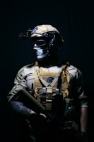 a man in a helmet and goggles holding a gun