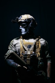 Close-up of a rugged tactical vest with modular attachments against a dark background