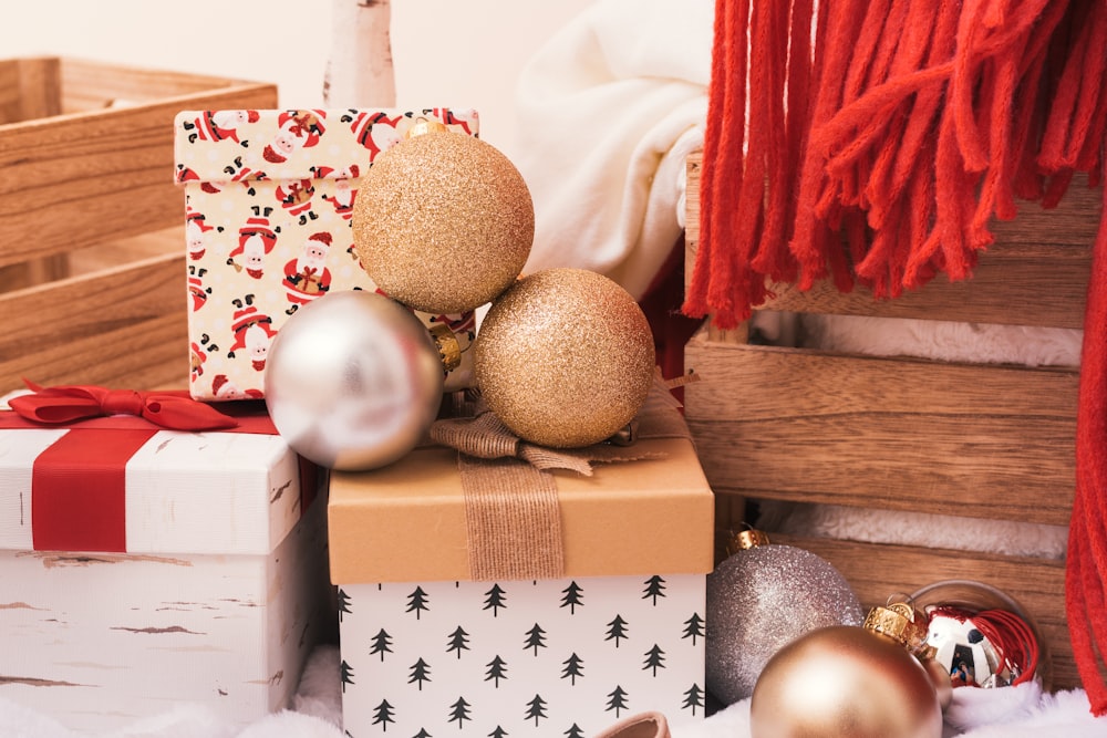 white and brown bauble balls