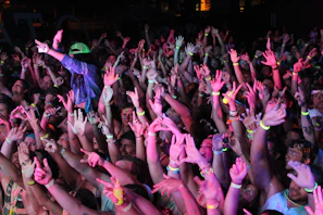 Excited fans waving glowing wristbands at a night music festival
