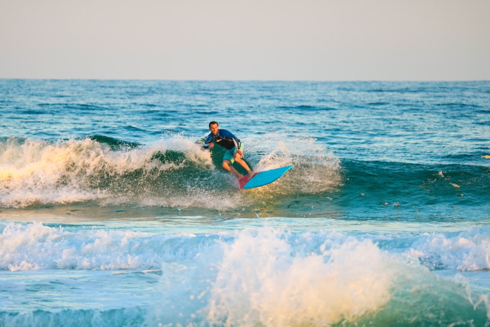 a man riding a wave on top of a surfboard