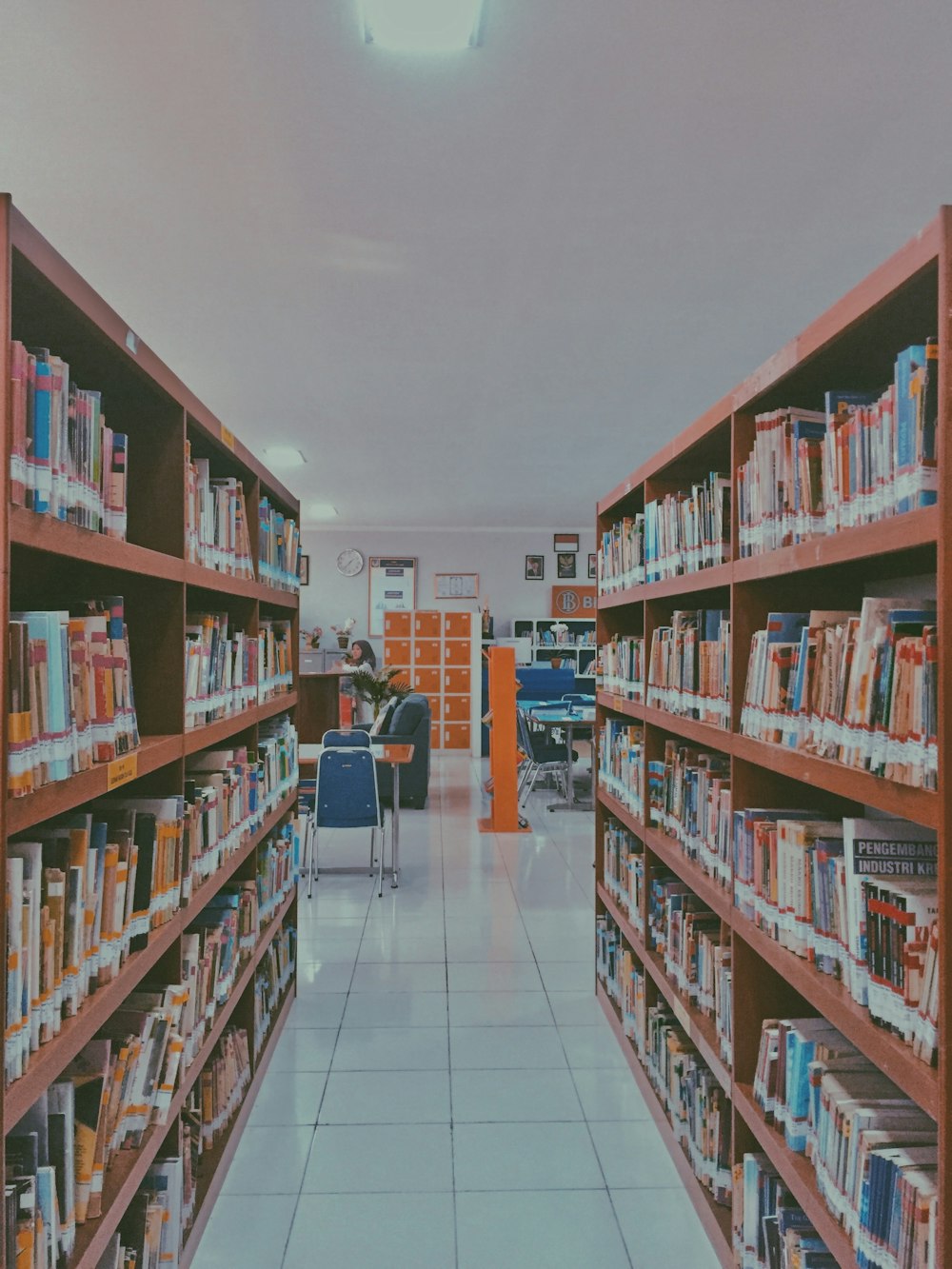 a long row of shelves filled with books