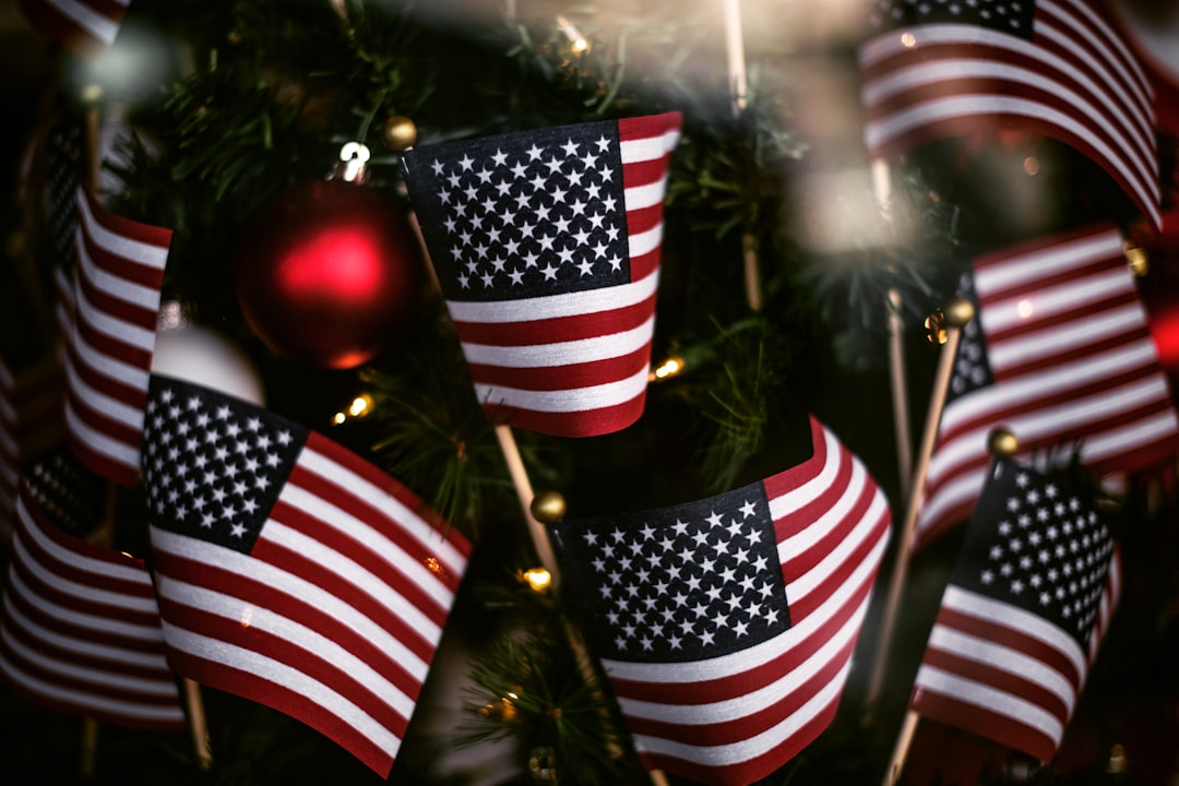 USA flaglet beside green Christmas tree