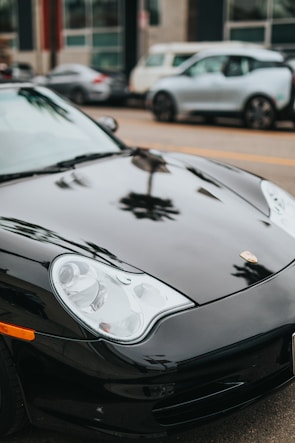 Sleek black Lamborghini with spotless shine parked on a palm-lined street.