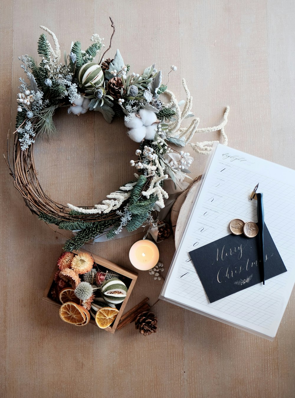 green and brown wreath on brown surface