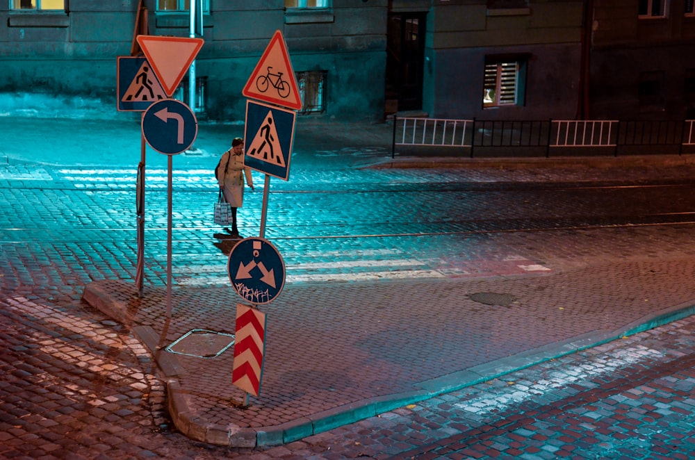 shallow focus photo of person crossing street during nighttime