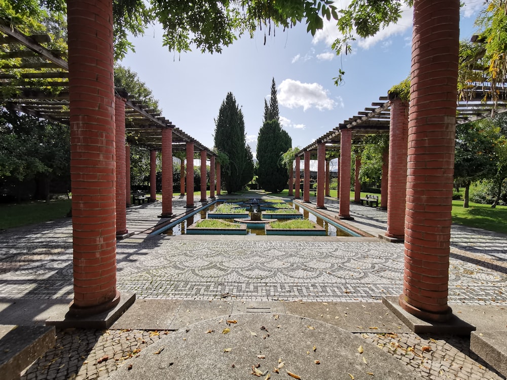 Una vista de un parque con bancos y árboles