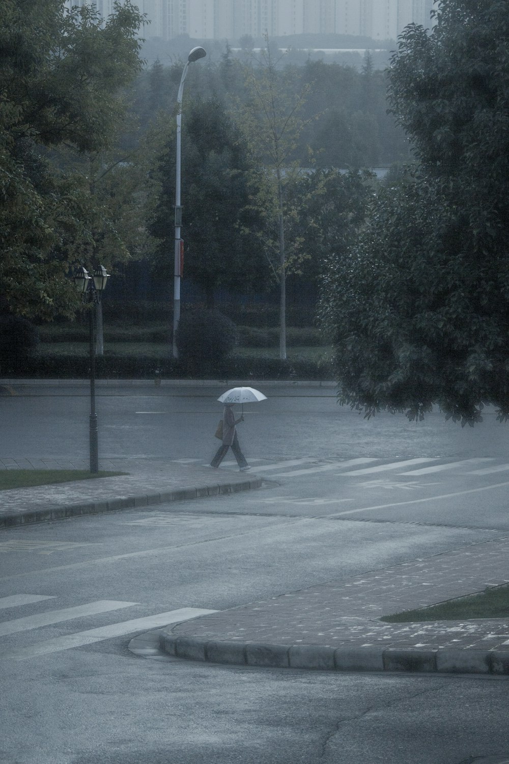 a person walking down a street holding an umbrella