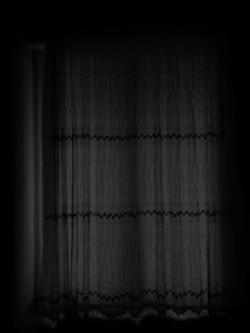 A dark, lace curtain hangs in front of a window, filtering limited light. The curtain features intricate patterns with wavy lines and dots, adding a sense of texture and depth.