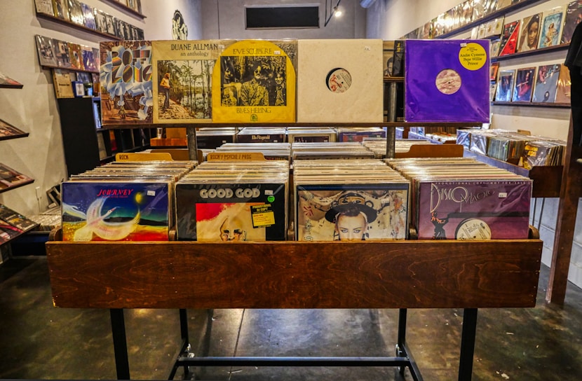 A well-organized record store display featuring a variety of vinyl albums. The records are neatly arranged in wooden bins, categorized by genre with visible labels such as 'Rock' and 'Psych/Prog'. The album covers visible feature a mix of vibrant and subdued artwork, suggesting a diverse collection. The store's interior is dimly lit, with more records lining the walls in the background.
