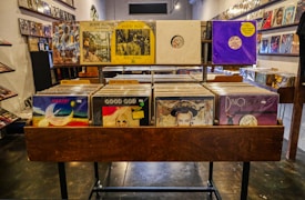 A well-organized record store display featuring a variety of vinyl albums. The records are neatly arranged in wooden bins, categorized by genre with visible labels such as 'Rock' and 'Psych/Prog'. The album covers visible feature a mix of vibrant and subdued artwork, suggesting a diverse collection. The store's interior is dimly lit, with more records lining the walls in the background.