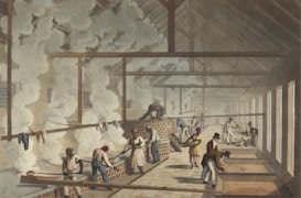 A group of people are engaged in the process of sugar production inside a large industrial building. There is steam rising from the vats, and workers are attending to various tasks such as stirring large pots and inspecting the production process. The atmosphere seems busy and structured, with a focus on labor.