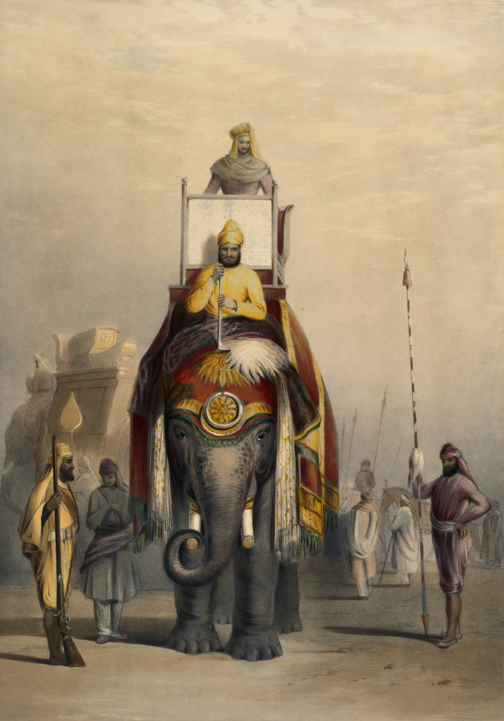 uomo che cavalca la pittura dell'elefante