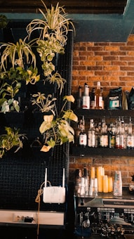 A cozy cafe setting featuring a brick wall with shelves holding various liquor bottles. Lush green plants add a touch of nature, cascading from the top left. An espresso machine sits on a counter with stacked yellow cups, indicating a casual and inviting atmosphere.