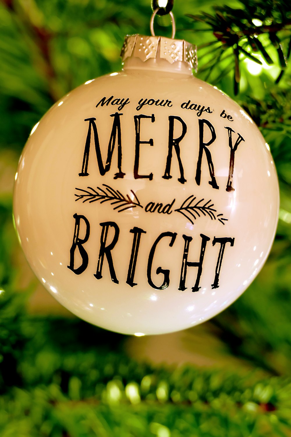 white and black Merry Bright Christmas bauble