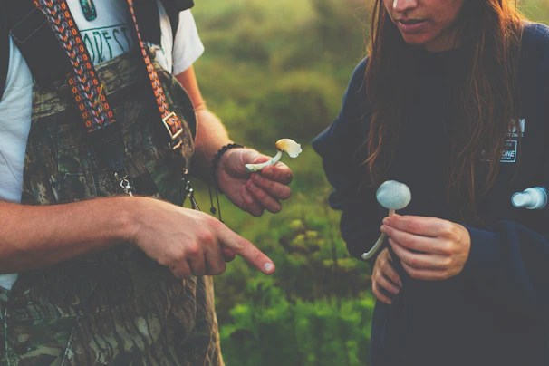 Instructor pointing out key features on a mushroom specimen while students take notes.