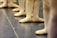 Several ballet dancers stand in a line, focusing on their feet clad in soft ballet slippers. The dancers are aligned on a smooth studio floor, possibly in preparation for a class or rehearsal.