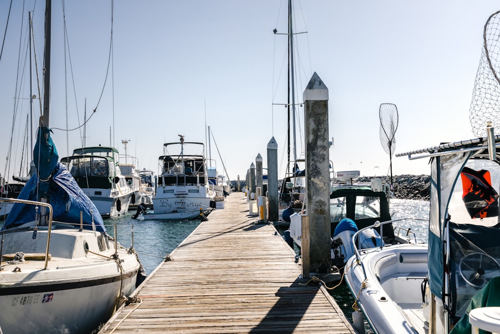 Muelle de madera entre veleros