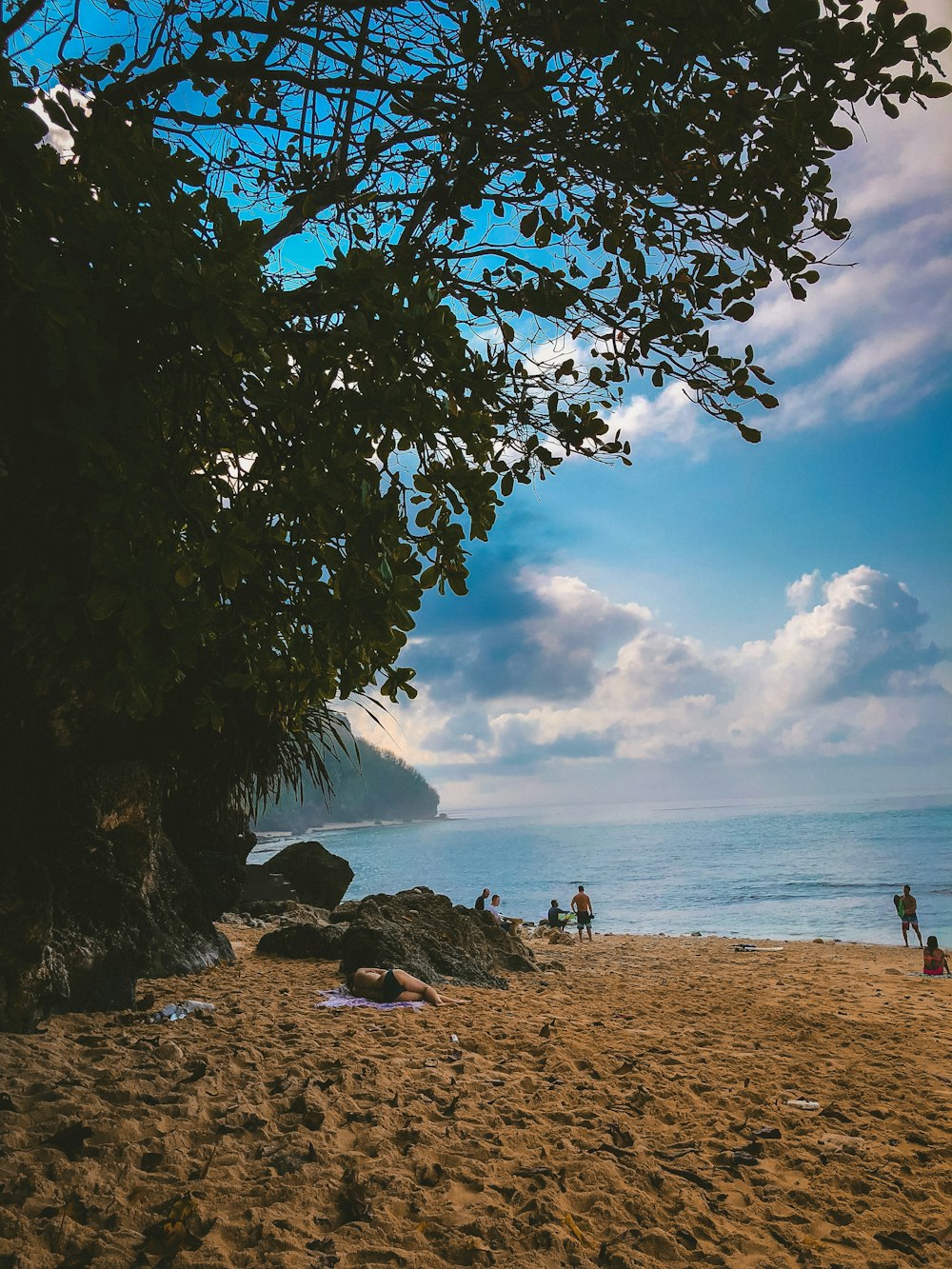 people on shore under blue cloudy sky