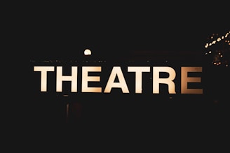 An illuminated sign displaying the word 'THEATRE' against a dark background, creating a contrast that makes the letters stand out sharply. Small bright lights can be seen in the background, suggesting a nighttime or indoor setting.