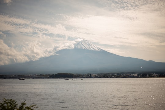 volcano and body of water in Lake Kawaguchi Japan