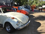 A line of vintage Volkswagen Beetles parked outdoors during a sunny day.