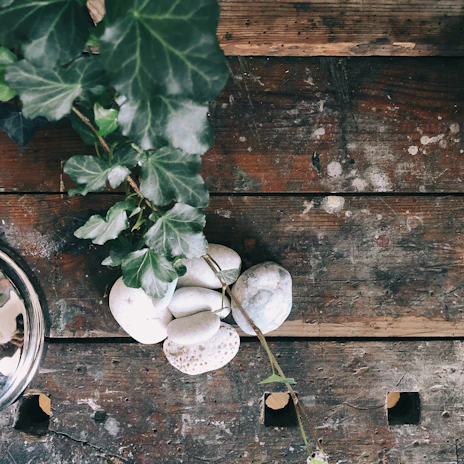A simple resin table ornament shaped like a smooth pebble resting on a wooden surface.