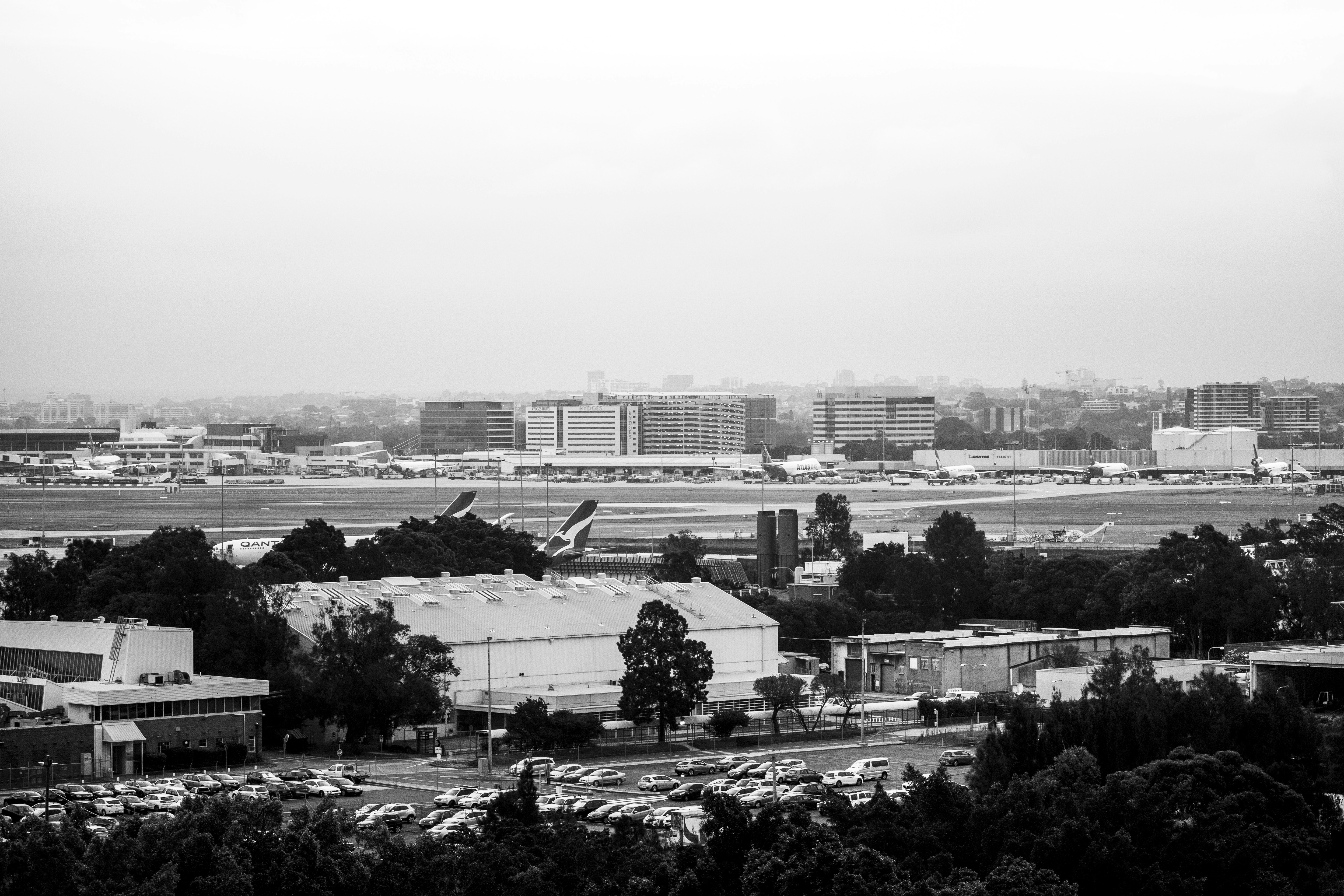 a black and white photo of an airport