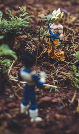 Goku and Vegetta action figures on soil beside plants