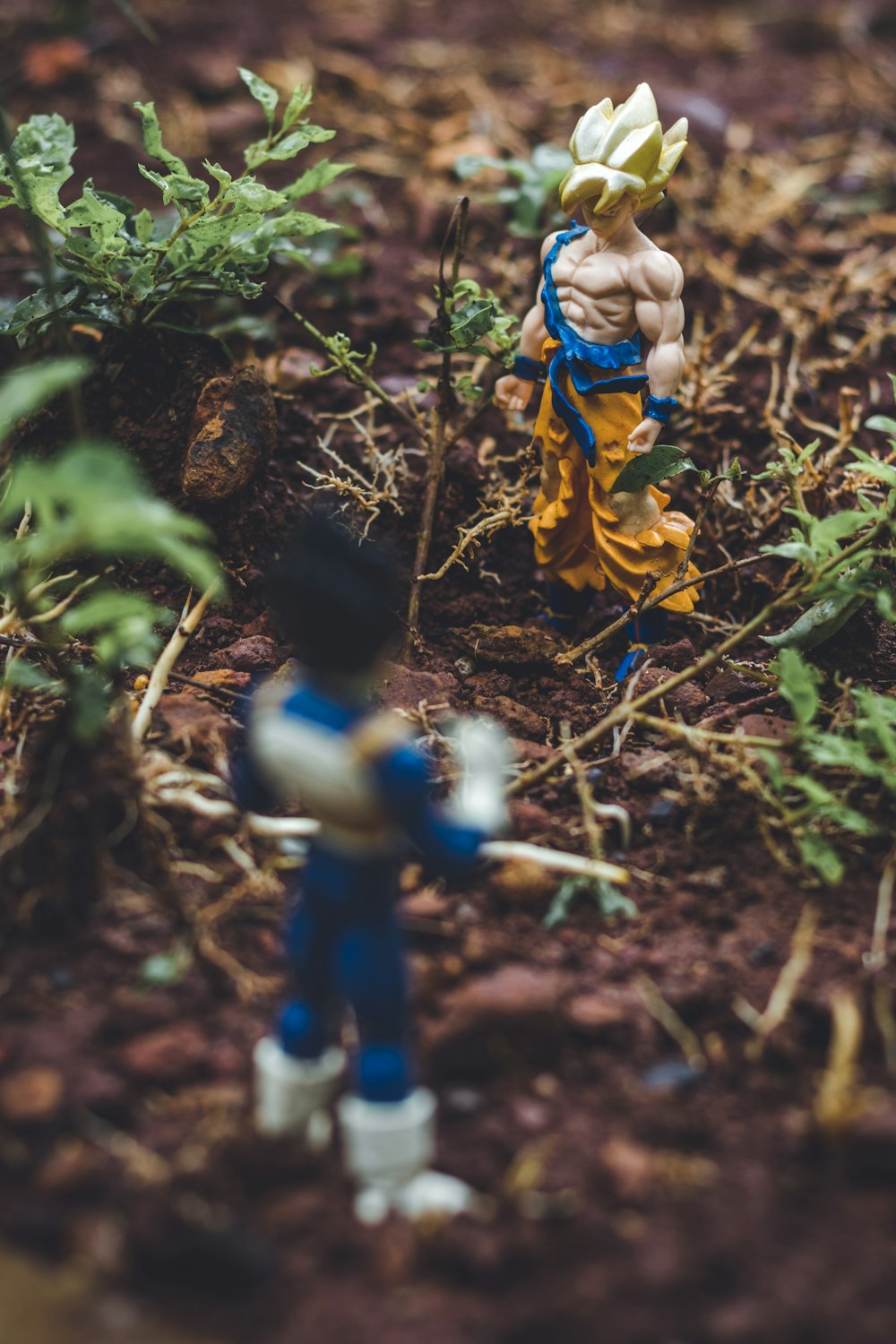 Figuras de acción de Goku y Vegetta en el suelo junto a las plantas