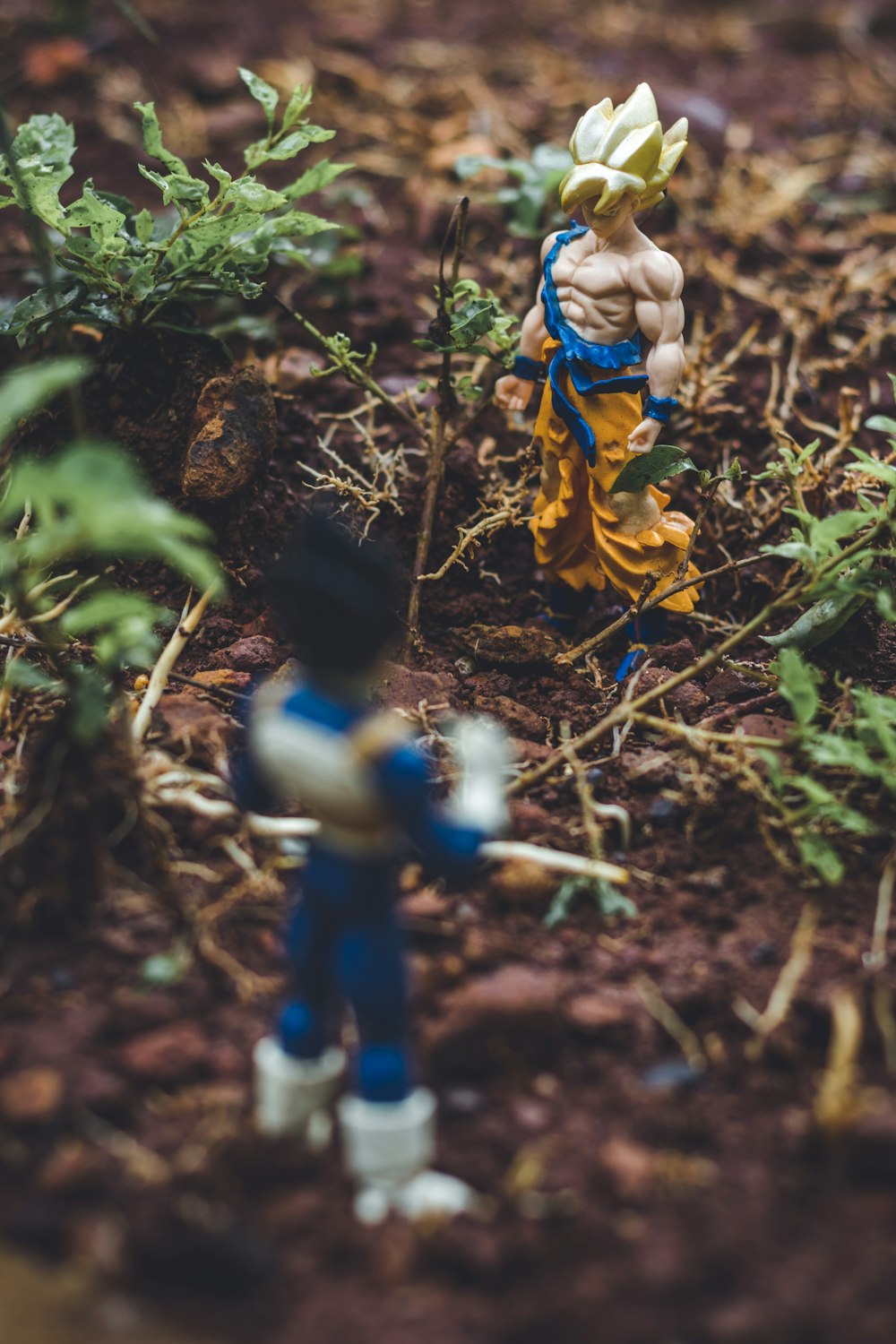 Figuras de ação de Goku e Vegetta no solo ao lado das plantas