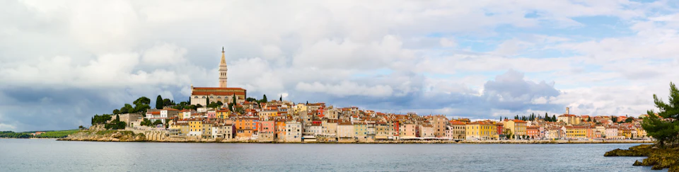 The pastel waterfront and bell tower of Rovinj, Istria