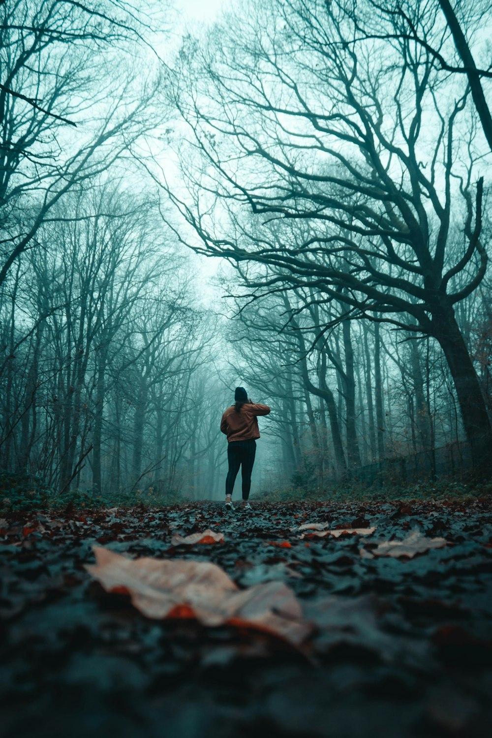 Frau in orangefarbener Jacke, die auf Wald steht