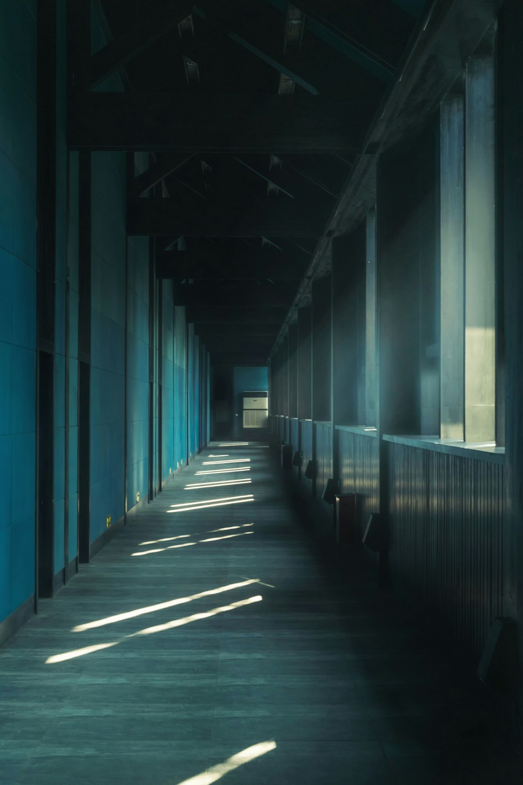 architectural photo of black and blue pathway interior