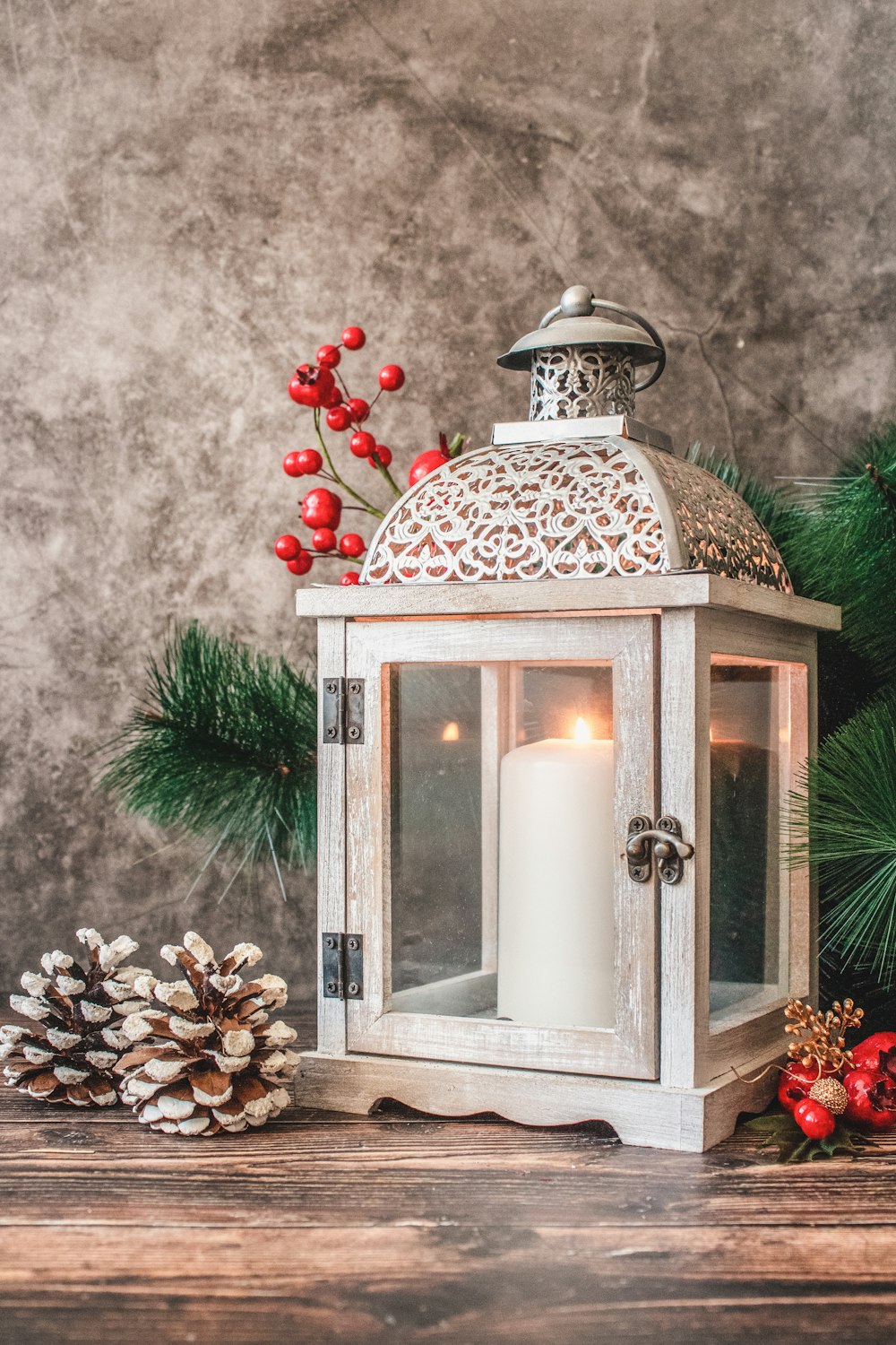 pillar candle in glass lantern