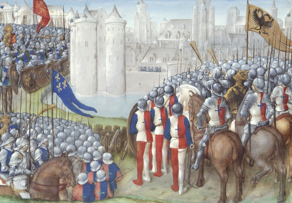 soldados ao lado da pintura do castelo