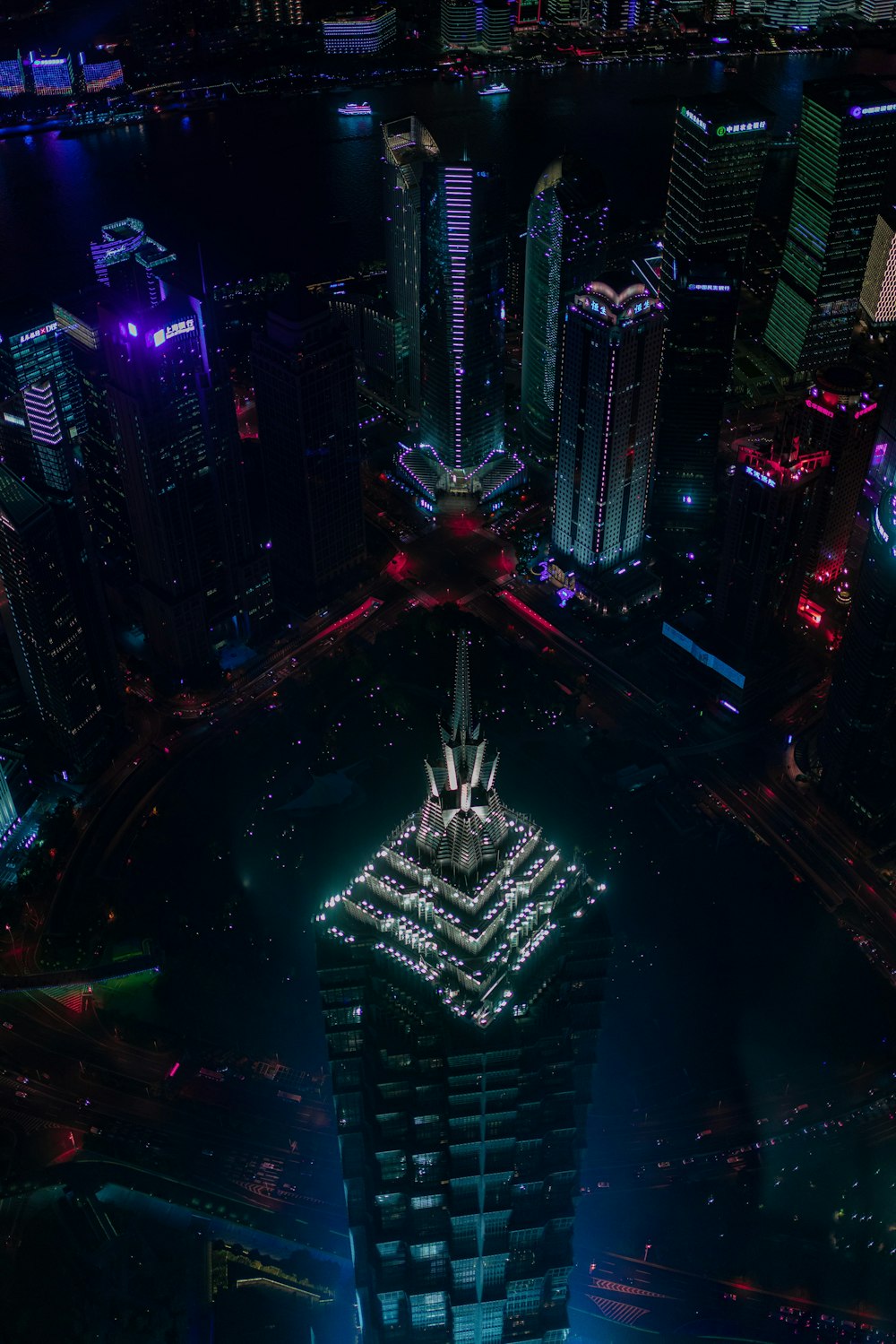aerial city building scenery during nighttime