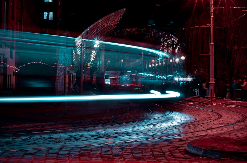 long-exposure photograph of tram line