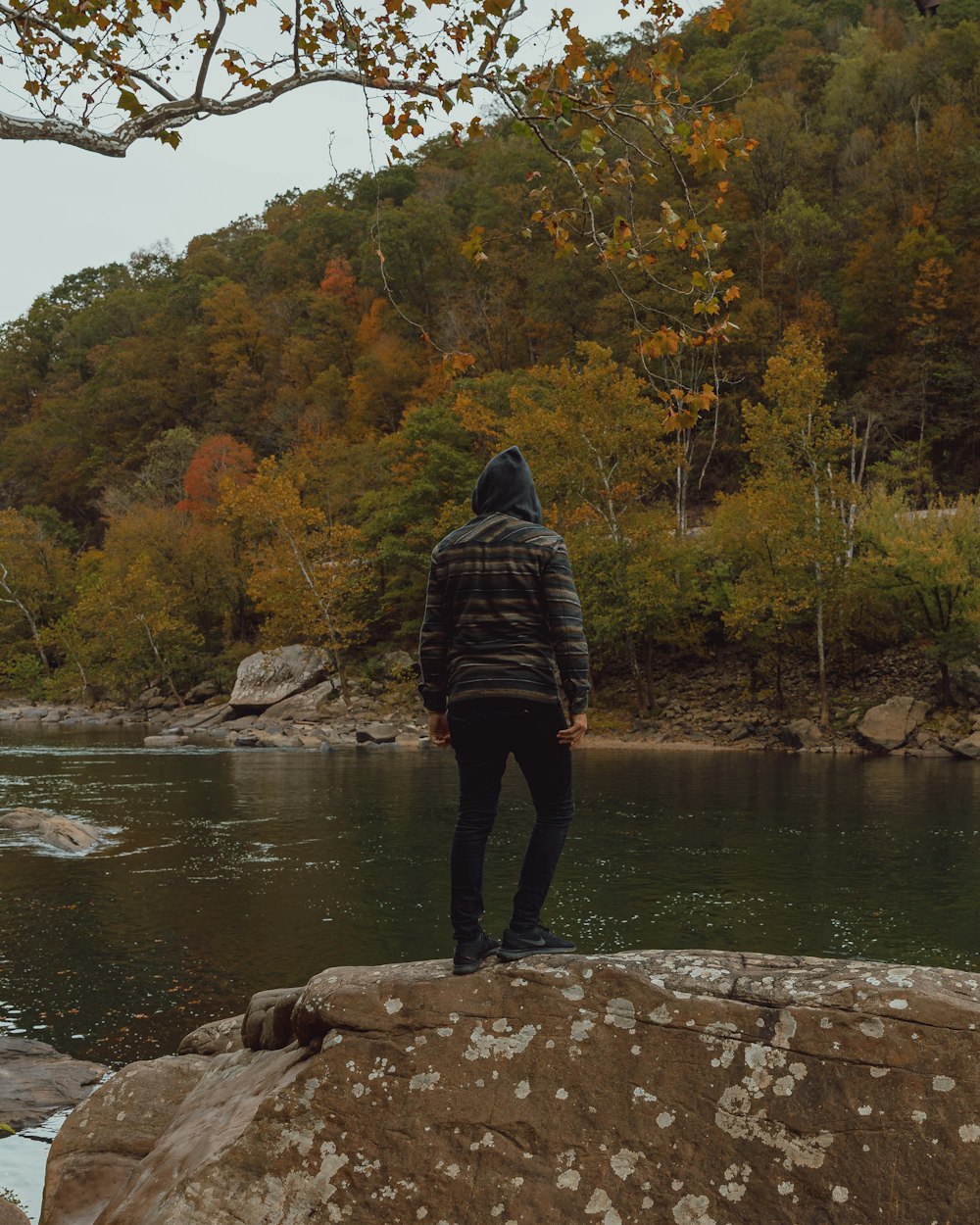 person standing on boulder near body of water