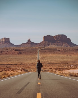 A lone person wearing a cowboy hat walks down the middle of a long, straight road stretching into the distance. The surrounding landscape is vast and arid, featuring iconic red rock formations typical of a desert environment under a clear blue sky.