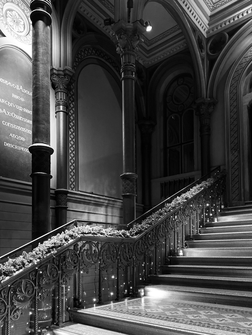 grayscale photo of stairs