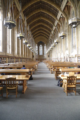 Students reading and studying together in the well-lit school library.