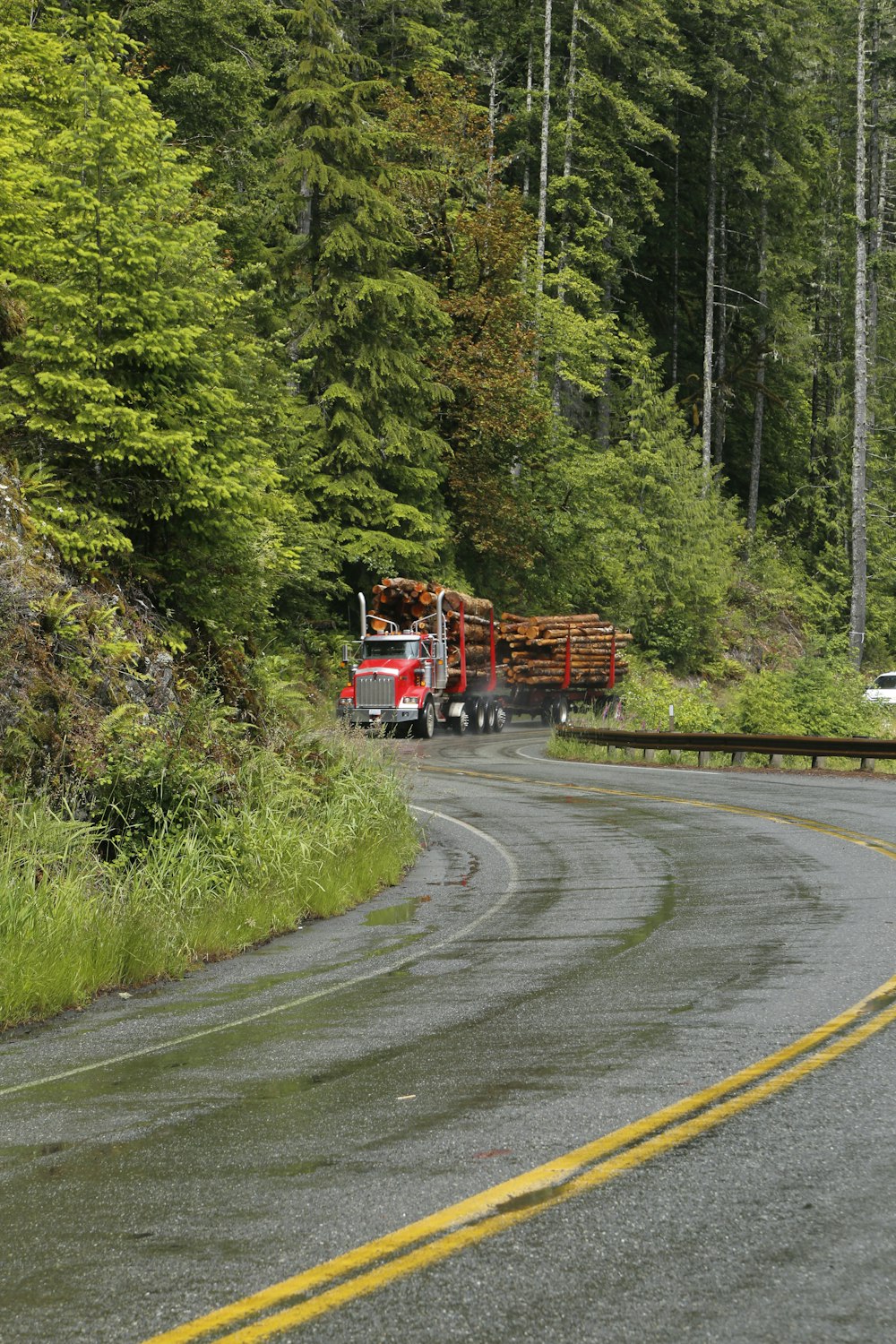 red truck carrying logs