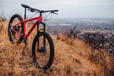 red and black hardtail bike on brown grass field