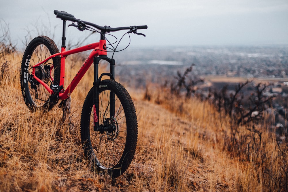 bicicleta hardtail vermelha e preta no campo de grama marrom