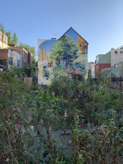 A vibrant mural with warm colors integrated into a luxury residential garden setting.