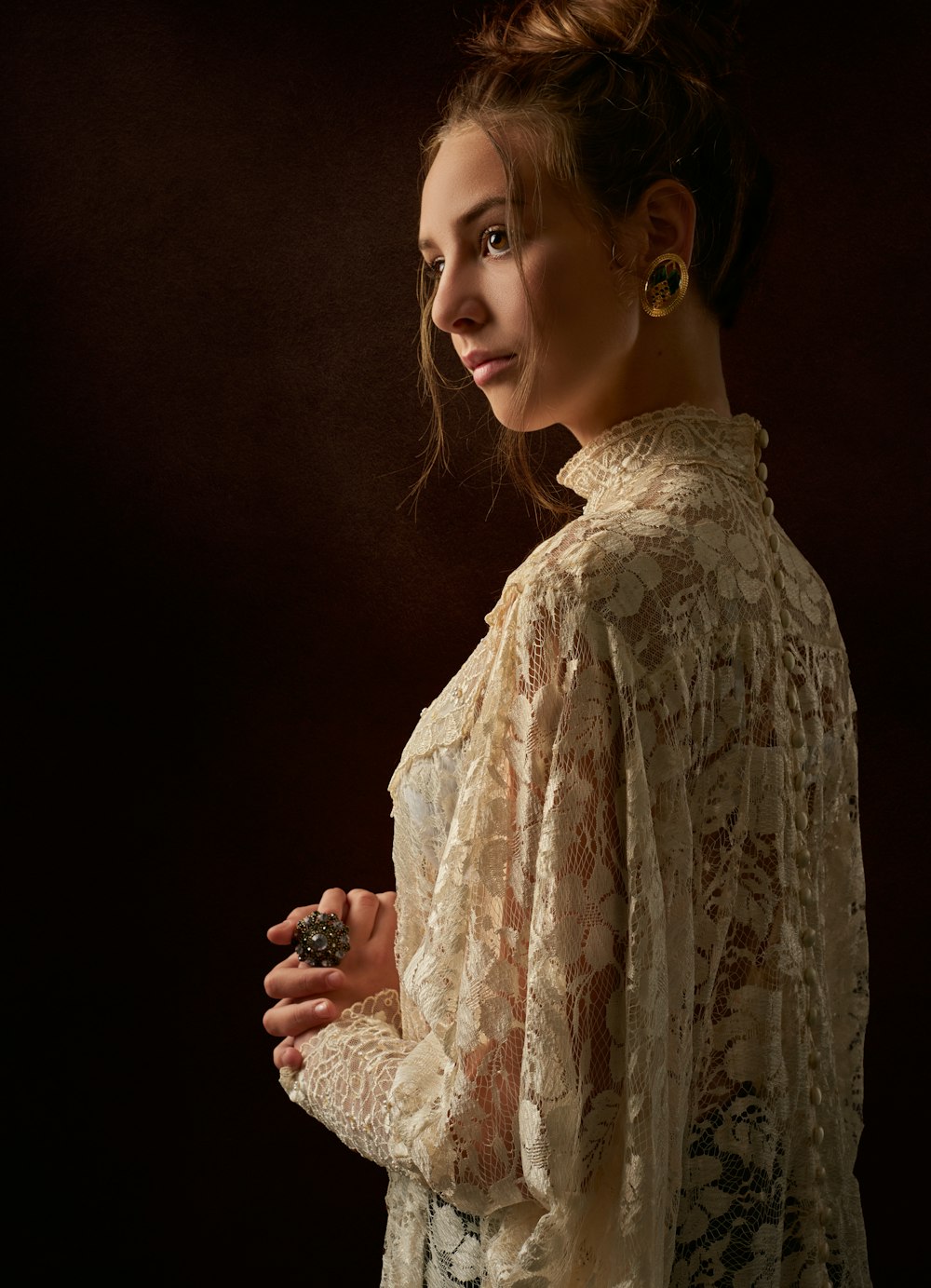 woman wearing white lace top