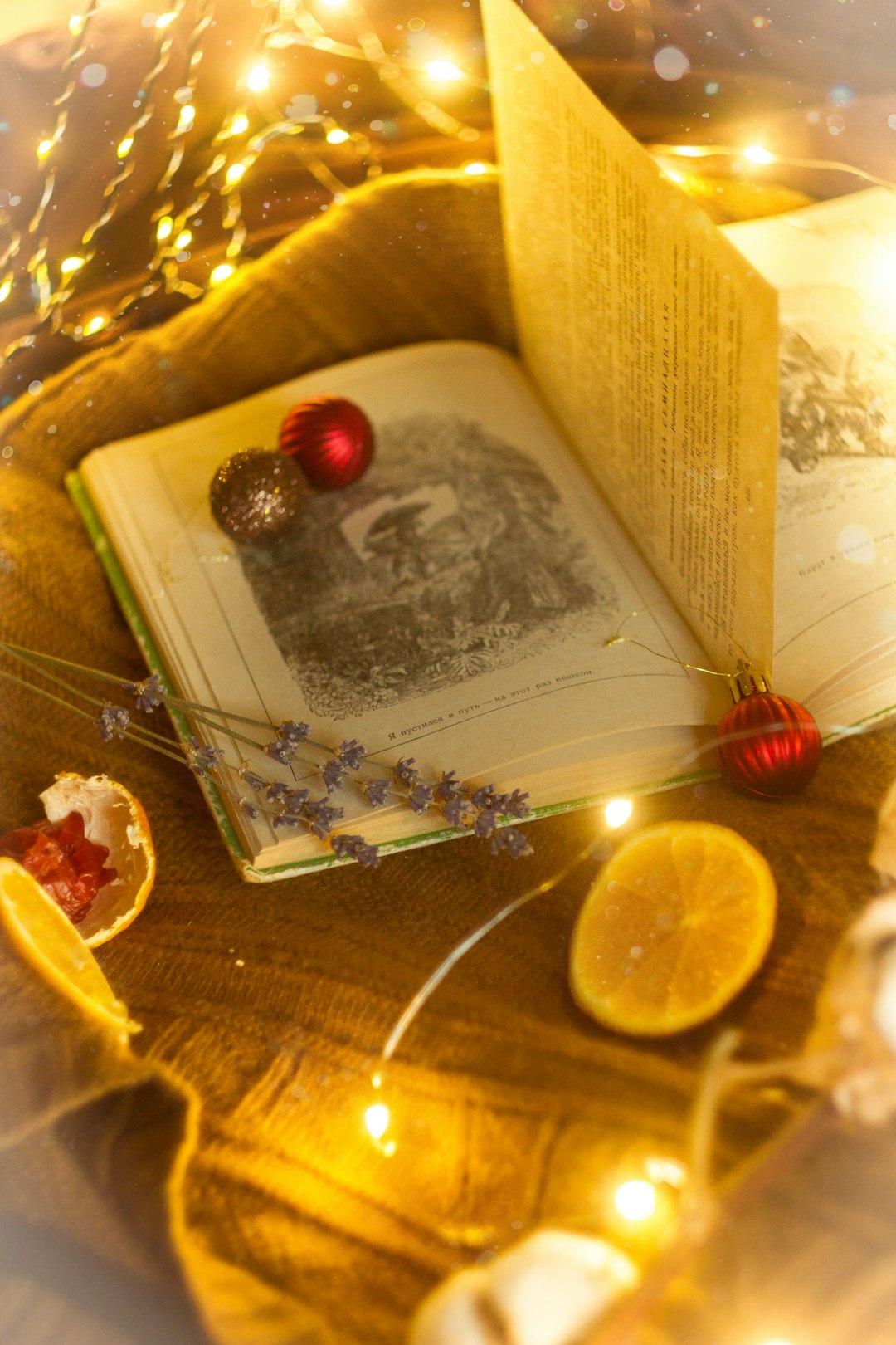 red baubles on book