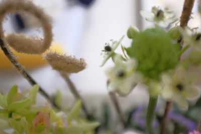 Soft focus of a wedding bouquet resting on a vintage wooden table.