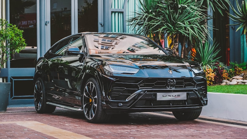 black car parked beside building and plants